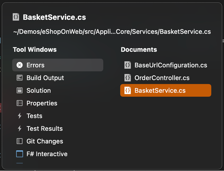 Dialog shown in Visual Studio for Mac when using the Ctrl+Tab shortcut. The dialog shows a list of open windows and documents.