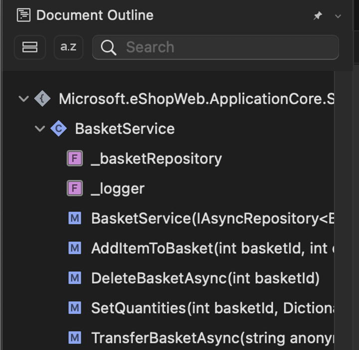 Document outline for a C# file. Displays BasketService class with members expanded beneath it, such as AddItemToBasket and SetQuantities.