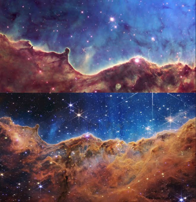 船底座星云的两个视图--哈勃图像在上，韦伯图像在下
