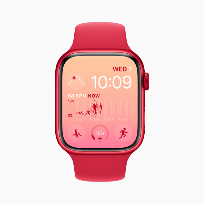 Apple Watch Series 8 显示“模块”表盘红粉配色背景上的色彩编辑界面。