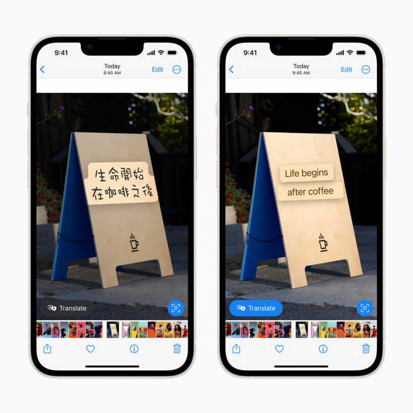 在 iPhone 14 上利用设备端智能使用 iOS 16 的实况文本翻译路标。