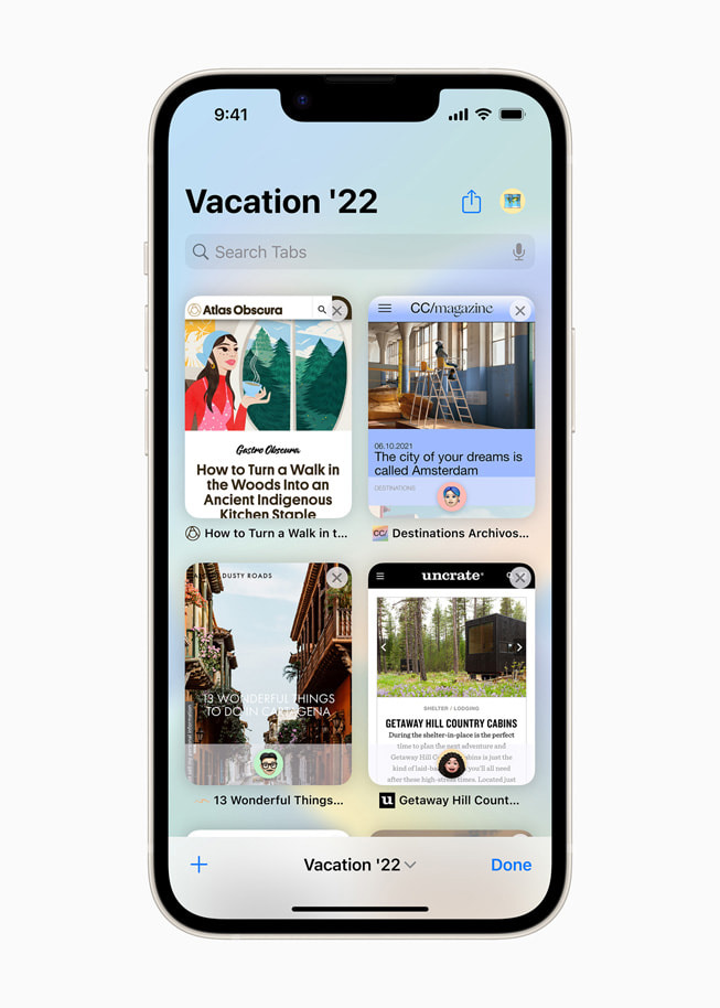 iPhone 14 上 Safari 浏览器中 iOS 16 的共享标签组。