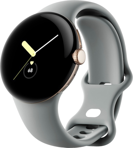 前变焦。Google - Pixel Watch 金色不锈钢智能手表 41 毫米，带 Hazel Active Band Wifi/BT - 金色/Hazel。