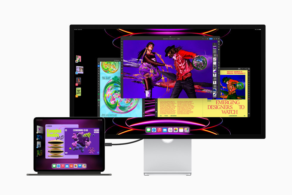 配备妙控键盘的 iPad Pro 连接 Studio Display，在 iPadOS 16 中使用台前调度功能。