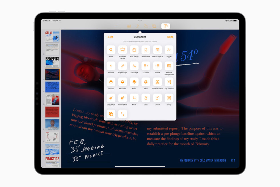 运行 iPadOS 16 的 iPad Pro 自定义设置 Pages 文稿。