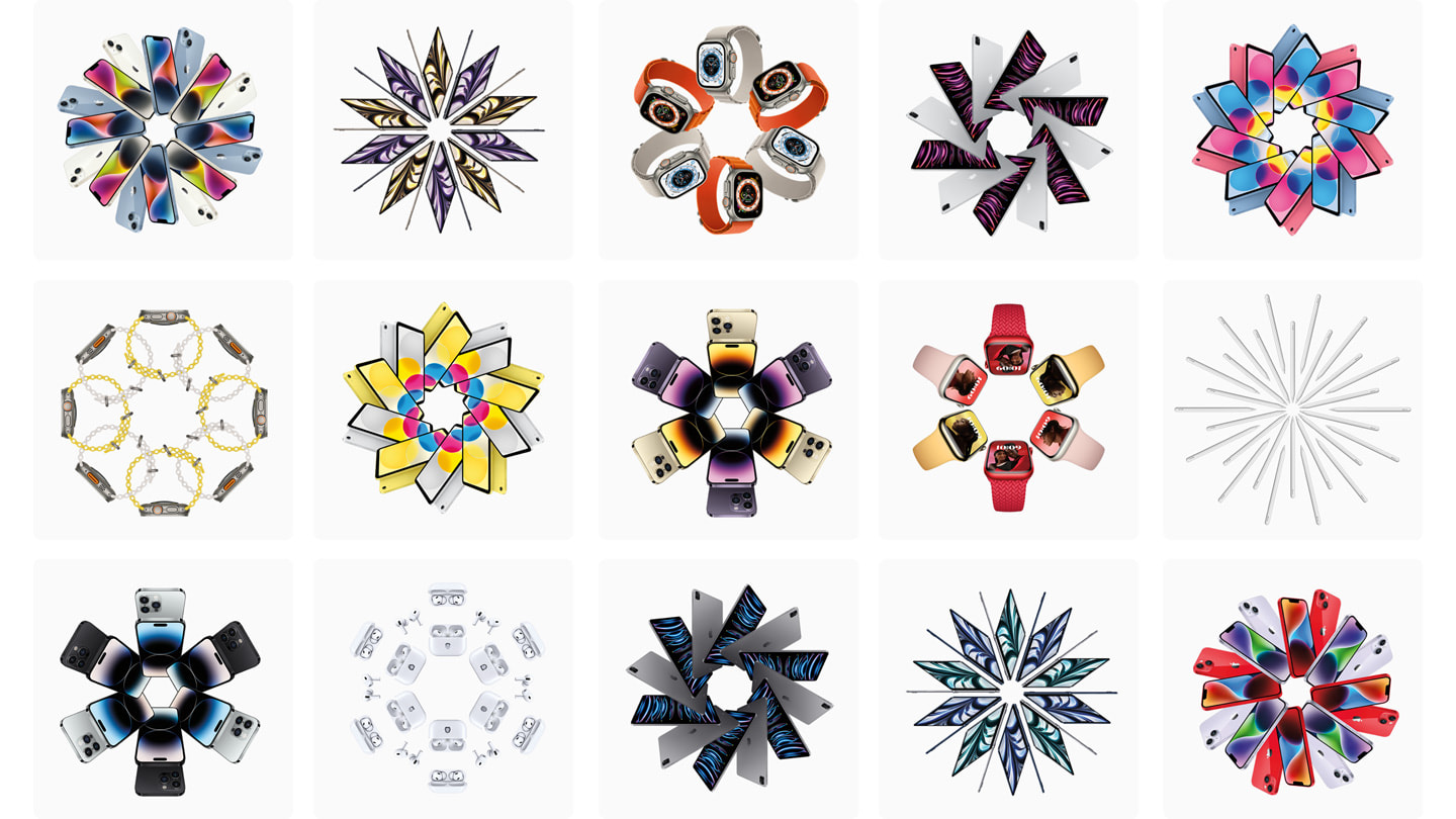 排列成雪花形状的全新 Apple 产品