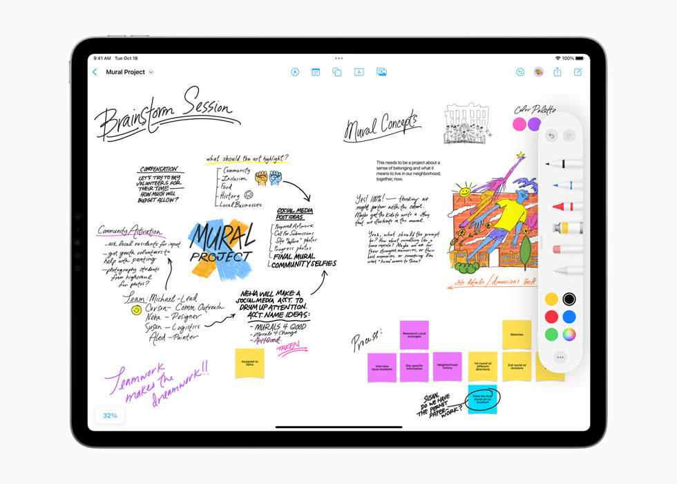 iPad Pro 上的无边记中展示着随手写笔记和一系列绘画工具。